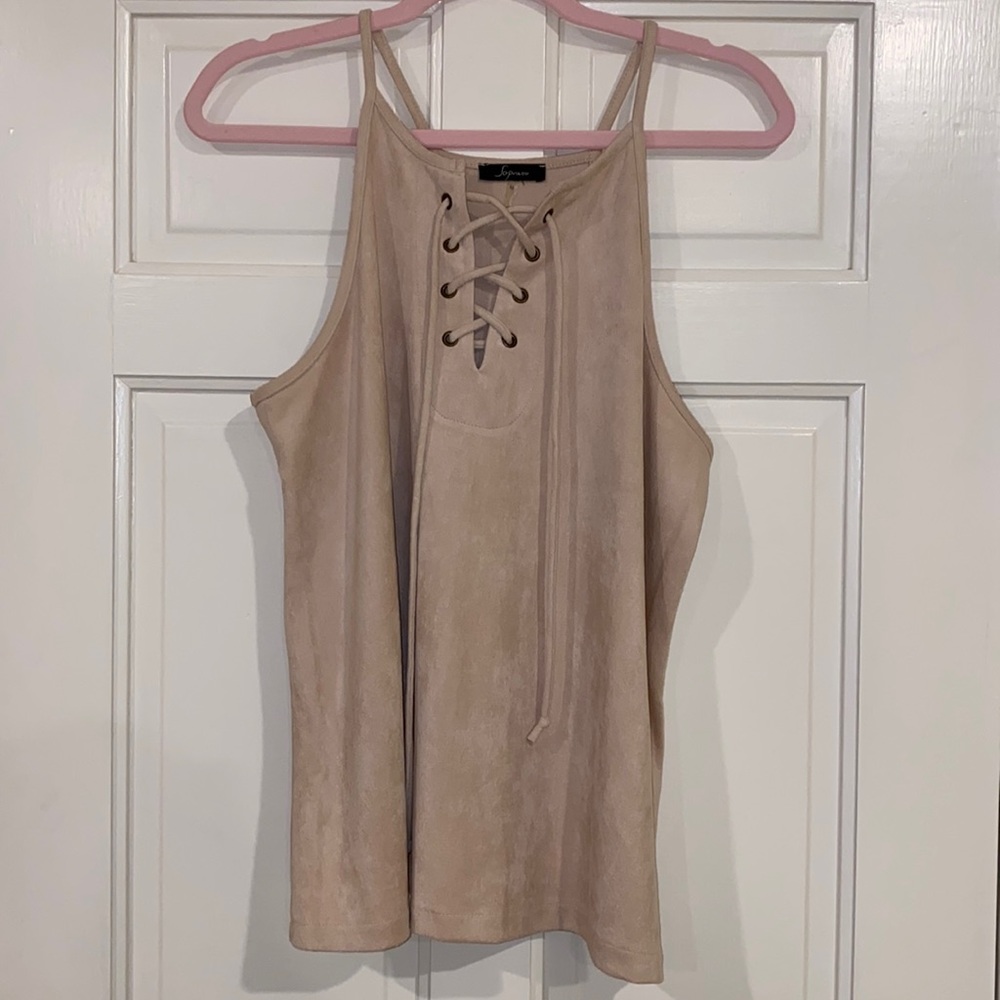 Soprano Cream Lace-Up Tank Top in faux suede